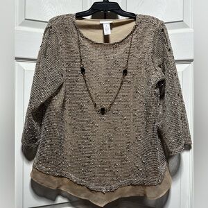 Alfred Dunner Mesh Net Top Womens Medium 3/4 Sleeve Layered Necklace Blouse